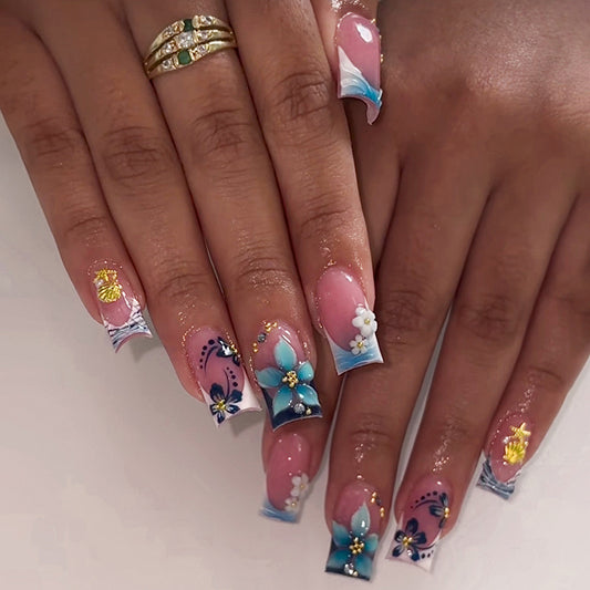 Tropical Paradise Long Square Blue Ombre Floral Press-On Nail Set with Glitter Accents