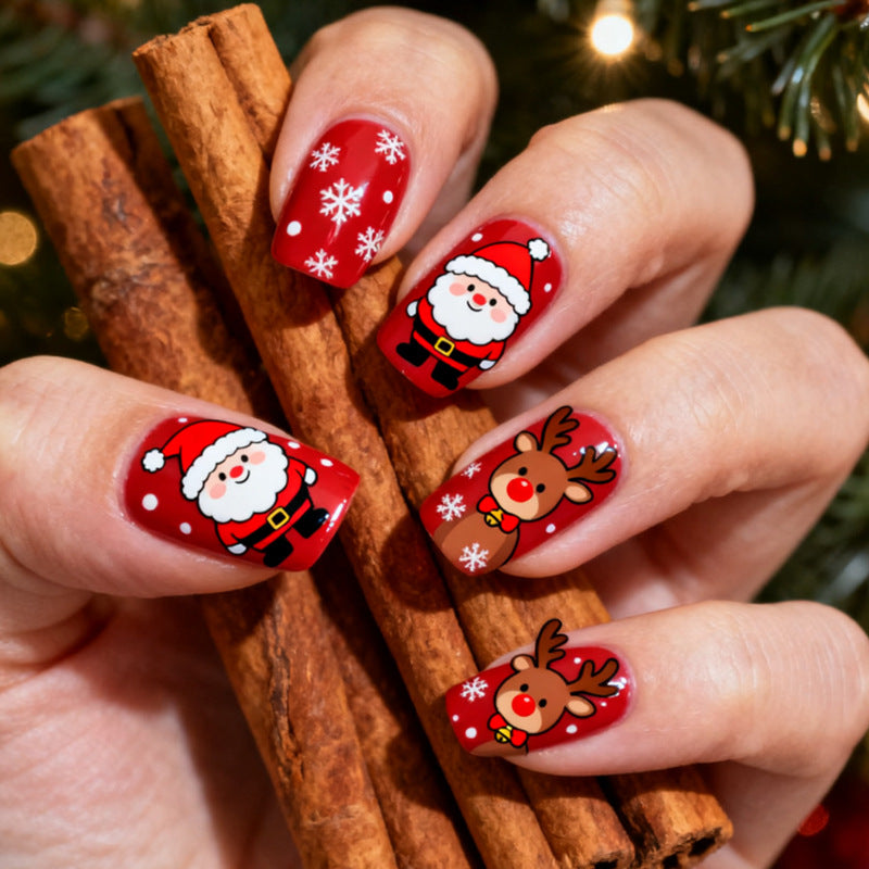 Festive Cheer Medium Square Red Nails with Santa and Reindeer Designs