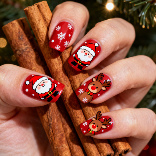 Festive Cheer Medium Square Red Nails with Santa and Reindeer Designs