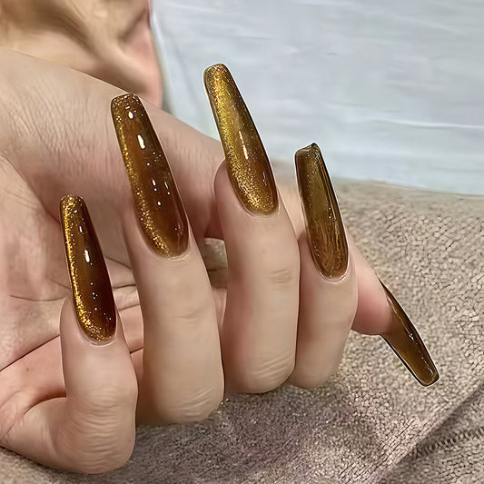 Golden Glamour Long Coffin Press On Nail Set with Shimmering Finish