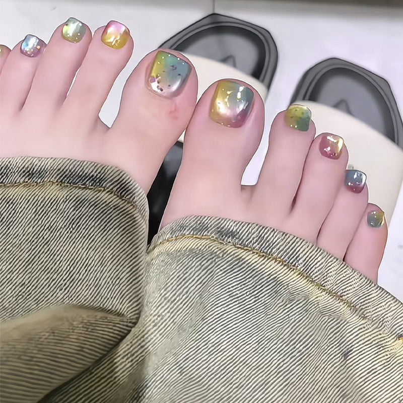 Rainbow Vibes Short Square Colorful Glitter Press On Toenail Set