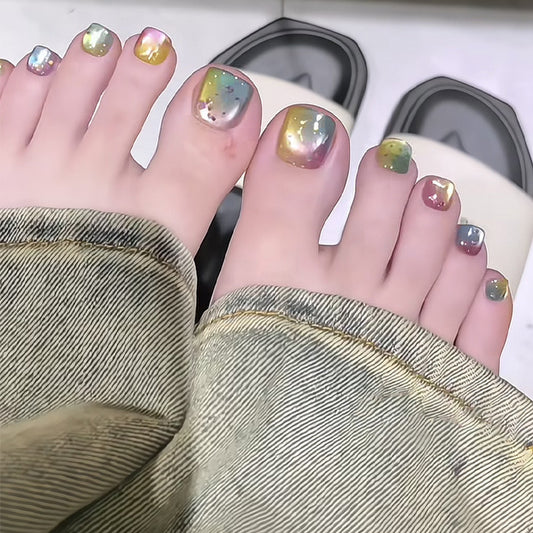 Rainbow Vibes Short Square Colorful Glitter Press On Toenail Set