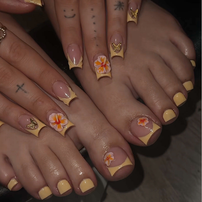 Vibrant Floral Medium Square Yellow Press On Nail Set with Butterfly Accents