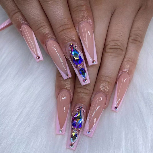 Little Zip Long Coffin Pink Studded Press On Nails