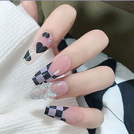 Y2K Checkerboard Medium Coffin Purple Summer Press On Nails