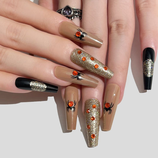 Spider Bite Long Coffin Brown Halloween Press On Nails