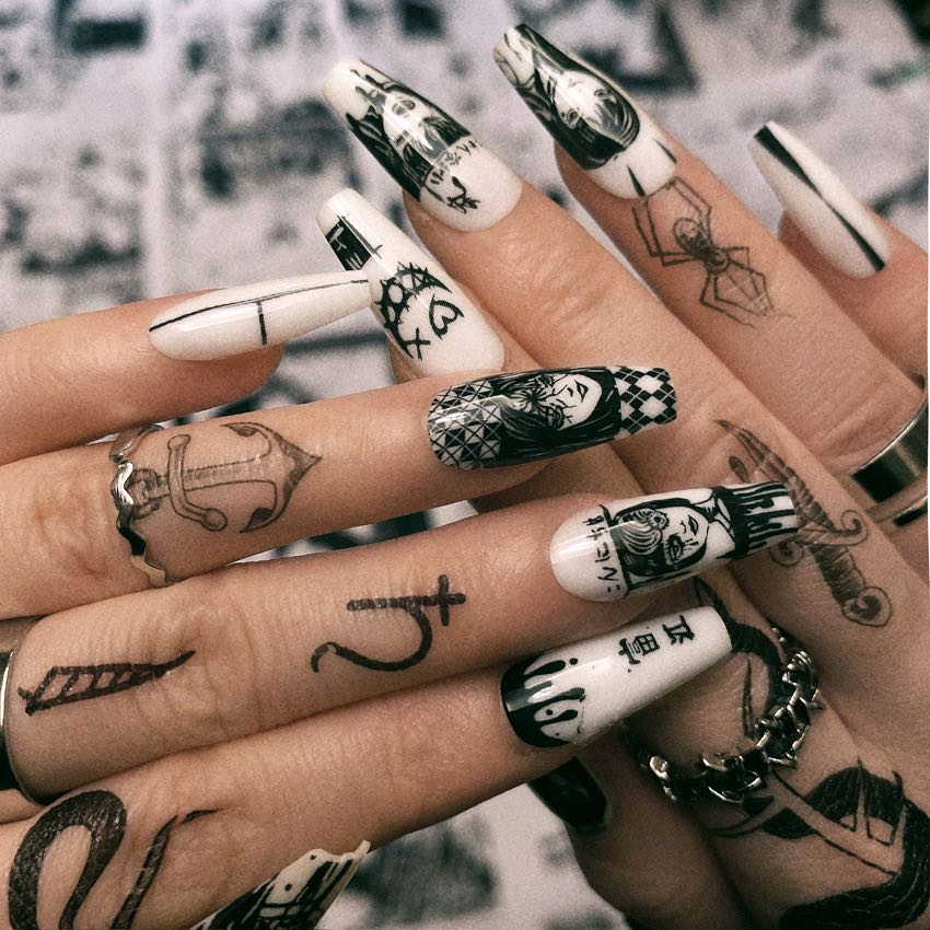 Anime Fanime Long Coffin Black And White Artistic Press On Nails
