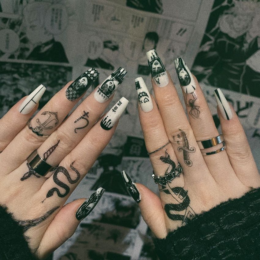 Anime Fanime Long Coffin Black And White Artistic Press On Nails
