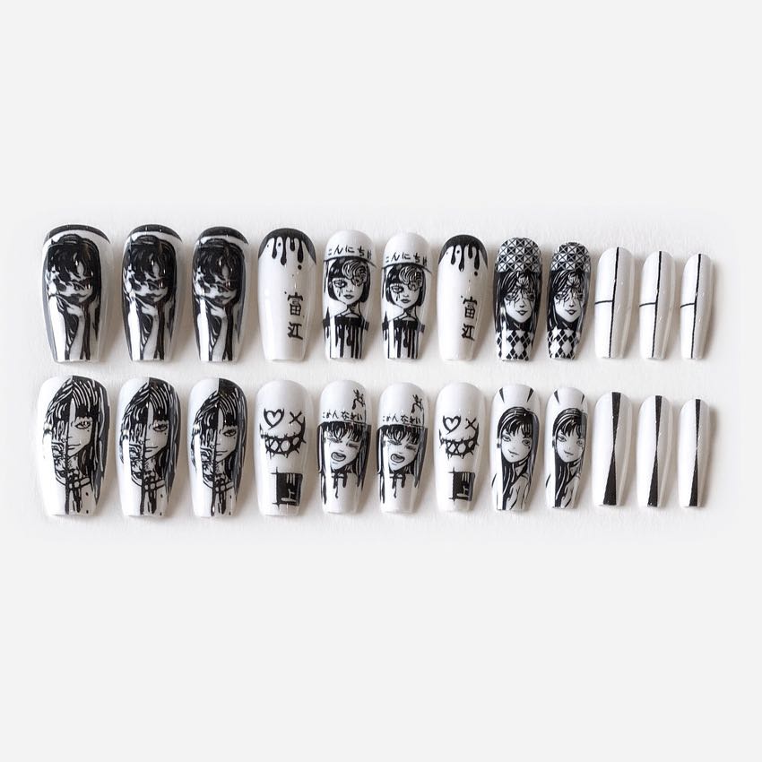Anime Fanime Long Coffin Black And White Artistic Press On Nails