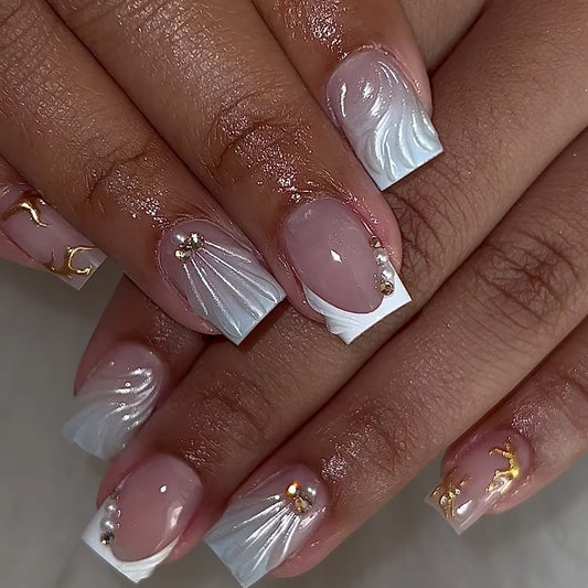 Elegant Wave Design Long Square White and Pink Press On Nail Set with Pearl and Gold Accents