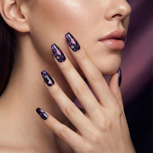 Enchanting Floral Fantasy Long Coffin Purple Glamorous Press On Nail Set