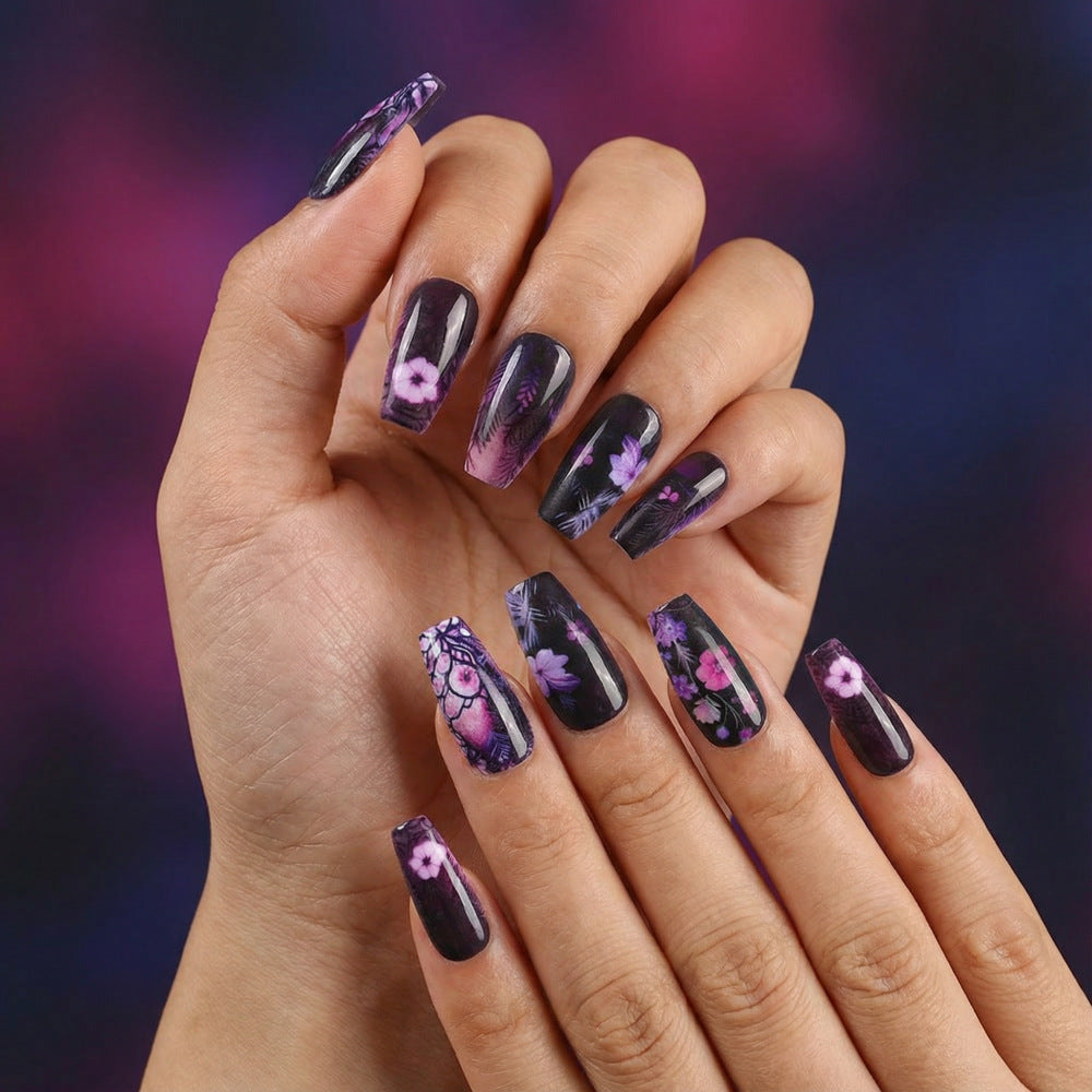 Enchanting Floral Fantasy Long Coffin Press On Nail Set in Deep Purple with Exquisite Flower Designs