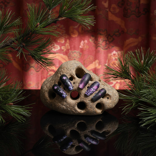 Whimsical Nightfall Long Coffin Purple and Black Floral Press On Nail Set with Matte Finish