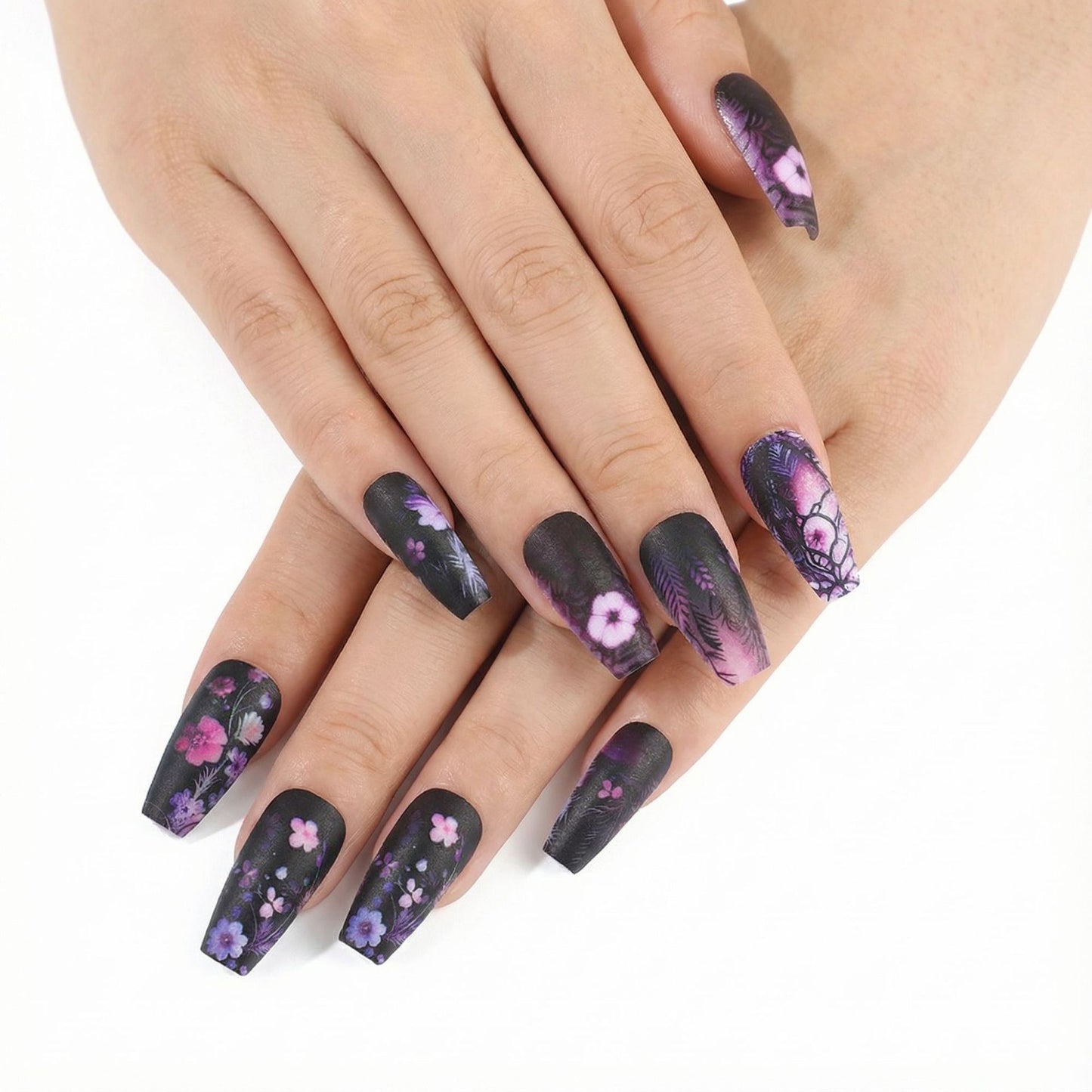 Enchanting Floral Dream Long Square Matte Black Press-On Nail Set with Intricate Flower Designs