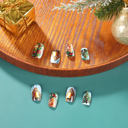 Festive Elegance Medium Square Green and Red Holiday-Themed Press-On Nail Set with Intricate Seasonal Designs