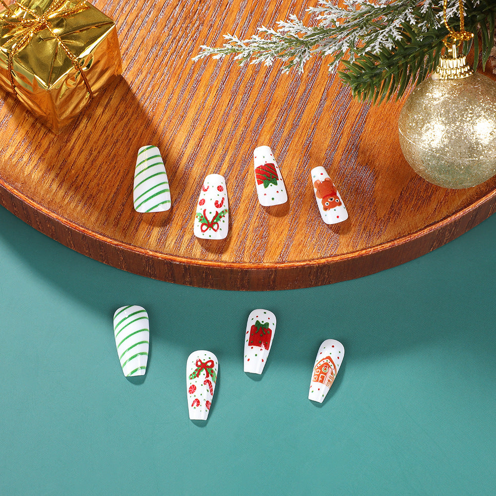 Festive Cheer Long Coffin White Press On Nails with Red Green Holiday Designs