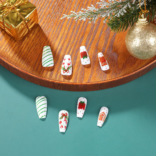 Festive Cheer Long Coffin White Press On Nails with Red Green Holiday Designs