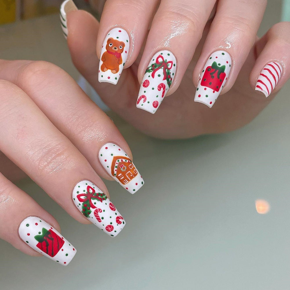 Festive Gingerbread Coffin Press On Nail Set Long White Color Christmas Themed with Adorable Holiday Designs