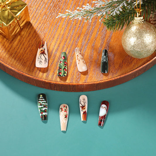 Festive Holiday Glamour Long Coffin Green Red White Unique Christmas Art Press On Nail Set