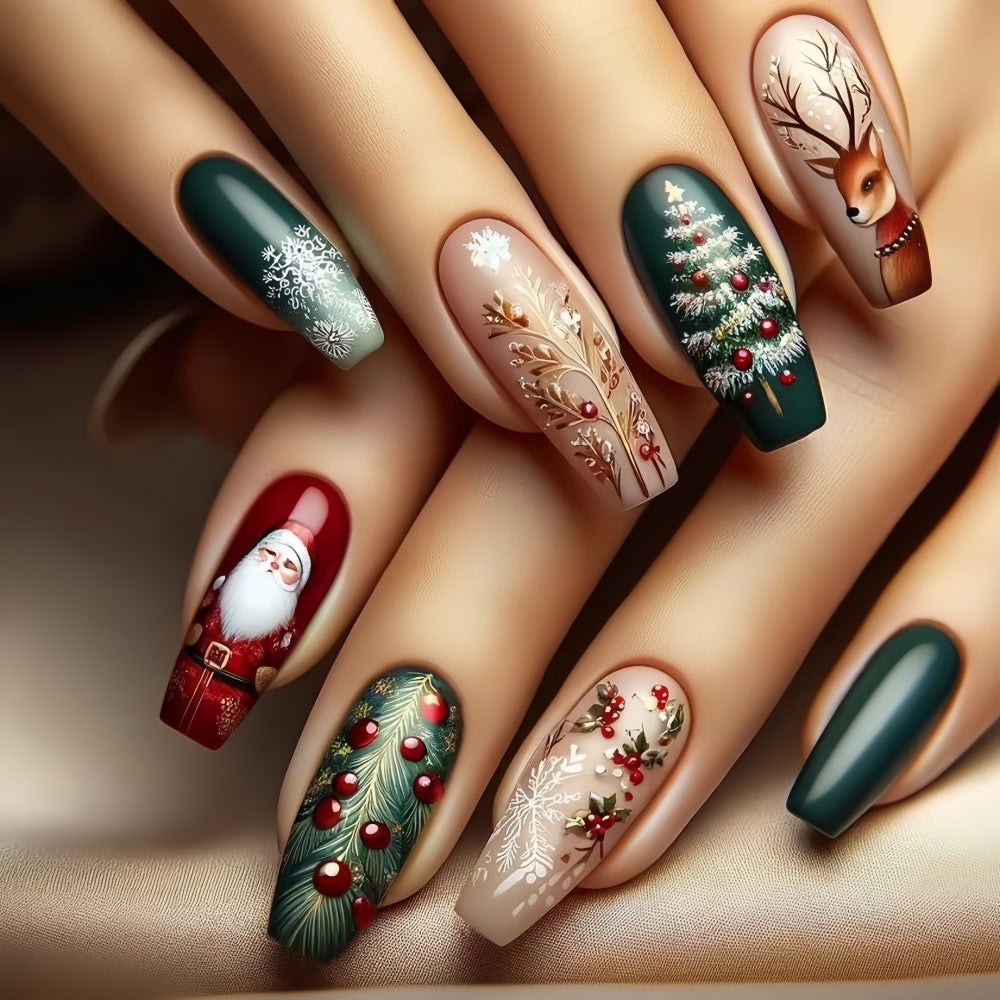 A set of long, coffin-shaped press-on nails with a festive design featuring Christmas characters and glittery accents, displayed in a green and red color scheme.