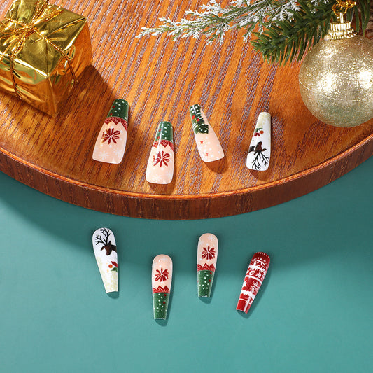 Festive Holiday Glam Coffin Long Green and Red Christmas-Themed Press-On Nail Set with Winter-Inspired Artwork