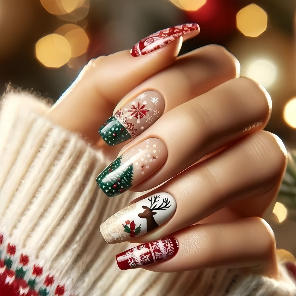 Festive Winter Wonderland Long Coffin Red Green with Whimsical Holiday Designs Press on Nail Set