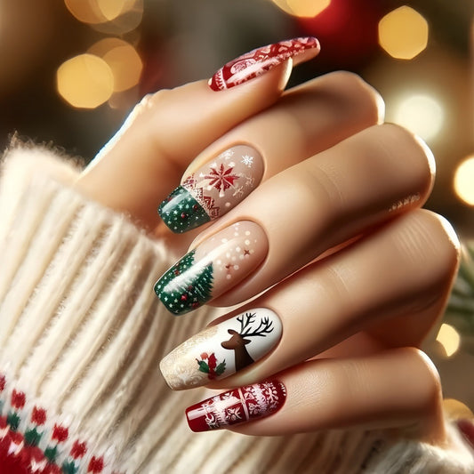 Festive Winter Wonderland Long Coffin Red Green with Whimsical Holiday Designs Press on Nail Set