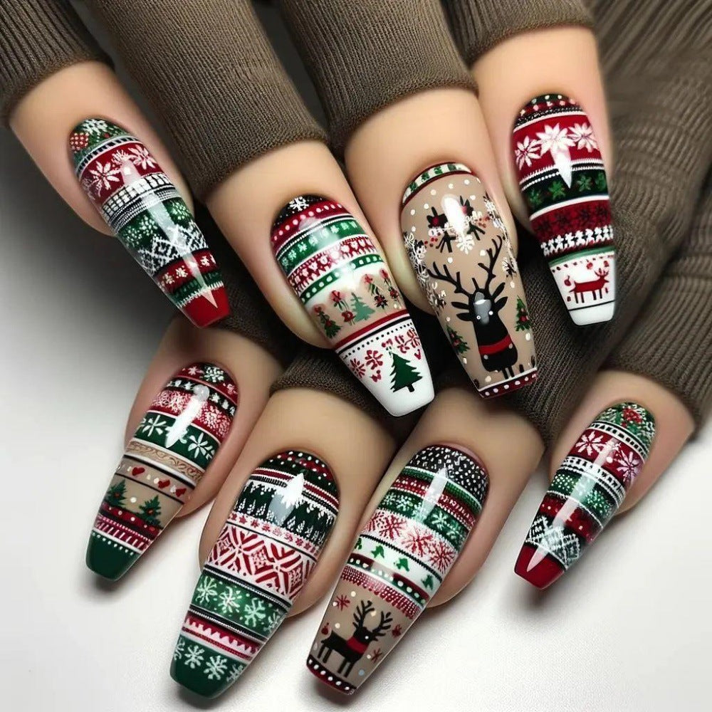 Festive Elegance Long Coffin Green White and Red Christmas Theme Nail Set with Intricate Holiday Patterns