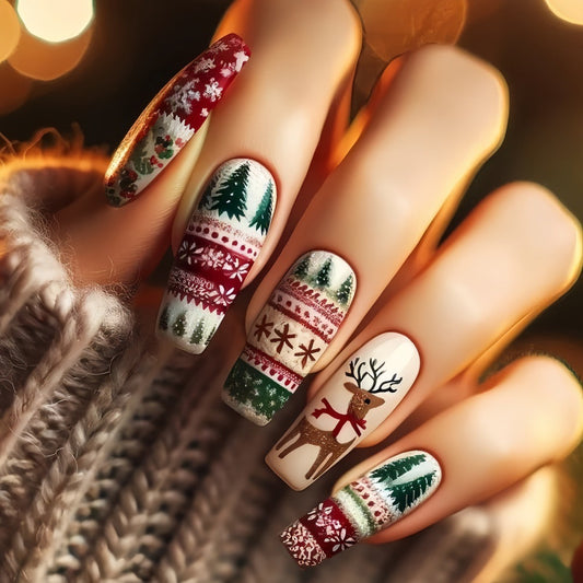 Festive Winter Wonderland Long Coffin Green Red and White Press on Nail Set with Intricate Holiday Designs