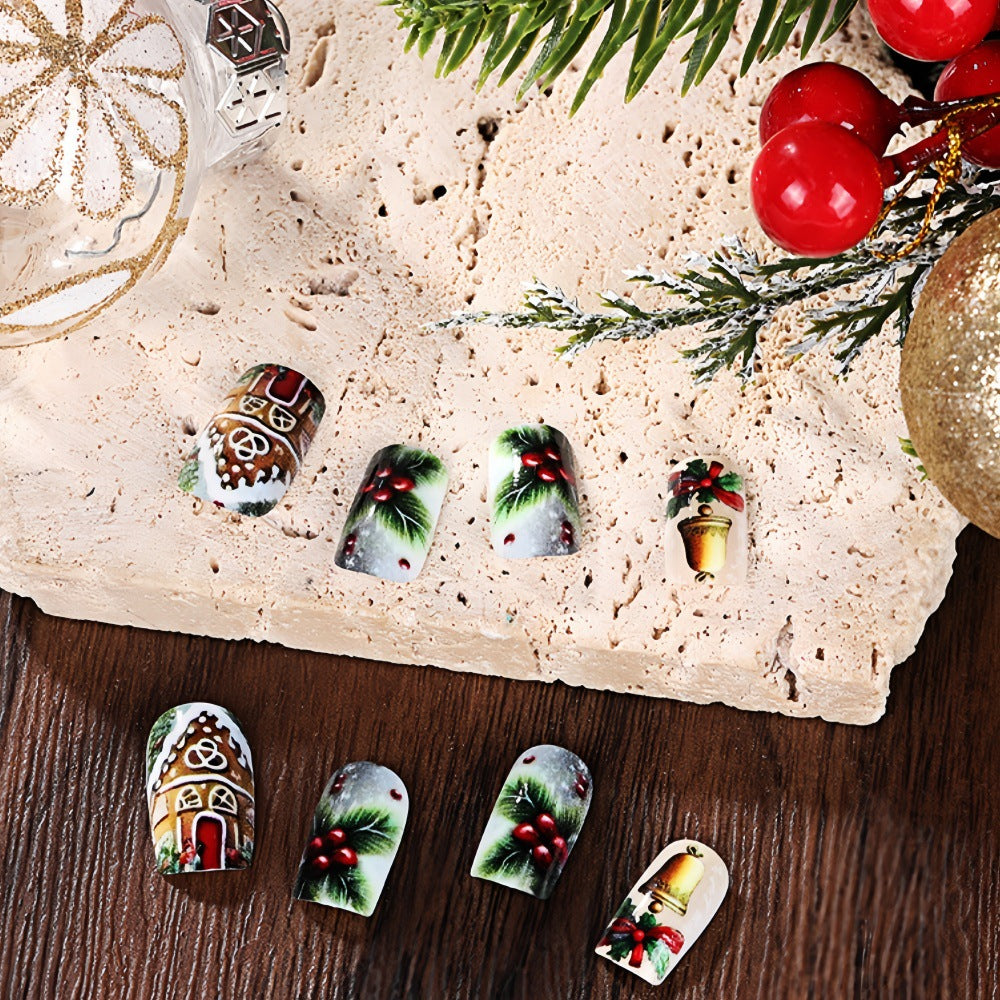 Festive Winter Wonderland Short Square Green and Red Botanical Nail Set with Charming Holiday Designs