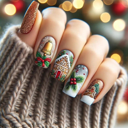 Festive Winter Wonderland Medium Square Red and Neutral with Gingerbread Charm Press-On Nail Set