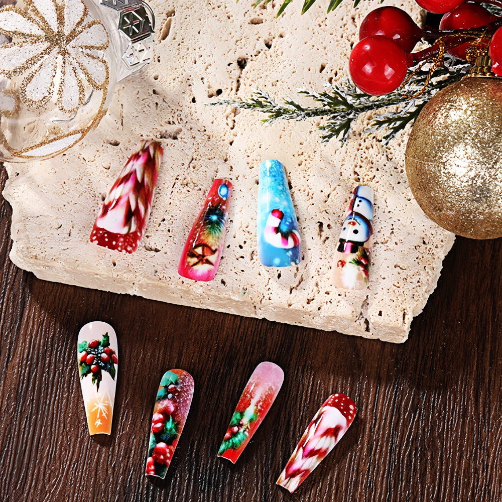 Festive Elegance Long Coffin Multicolored Press On Nail Set with Charming Holiday Designs