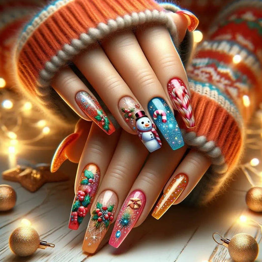 Festive Glamour Long Coffin Vibrant Glittering Holiday Art Press On Nail Set