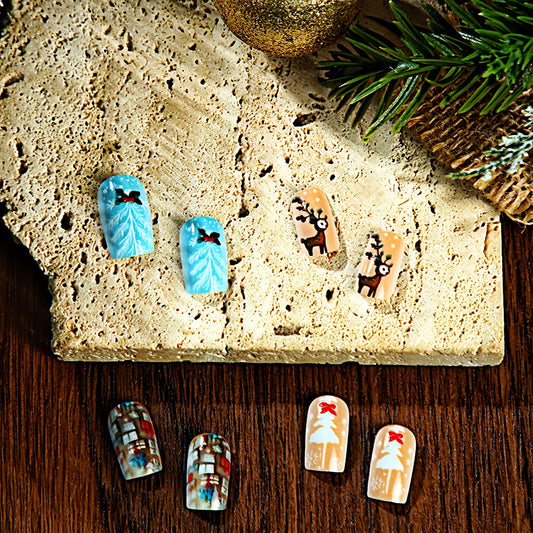 Festive Winter Wonderland Short Square Blue with Reindeer and Christmas Tree Design Press on Nail Set