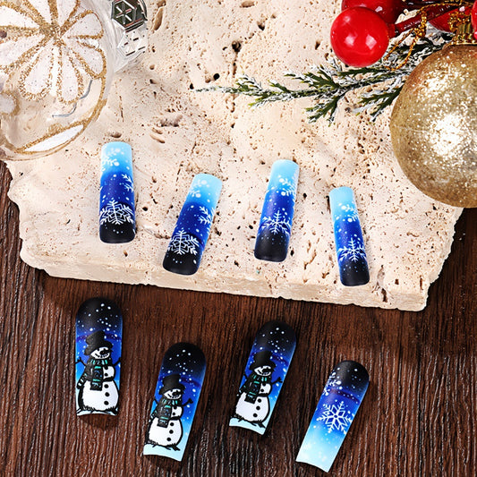 Winter Wonderland Press-On Nail Set Long Square Blue Ombre with Snowman and Snowflake Design