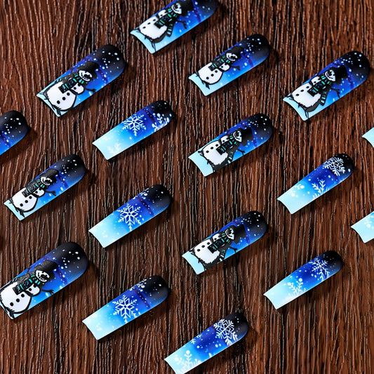 Winter Wonderland Long Square Blue Snowman and Snowflake Press On Nail Set with Sparkling Finish