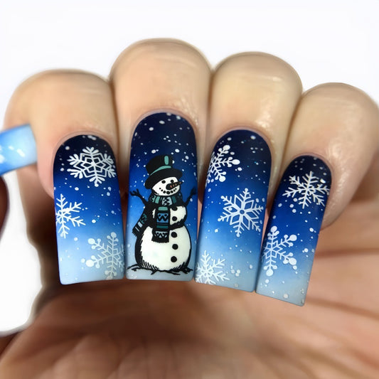 Winter Wonderland Long Square Blue Gradient Nails with Snowman Design