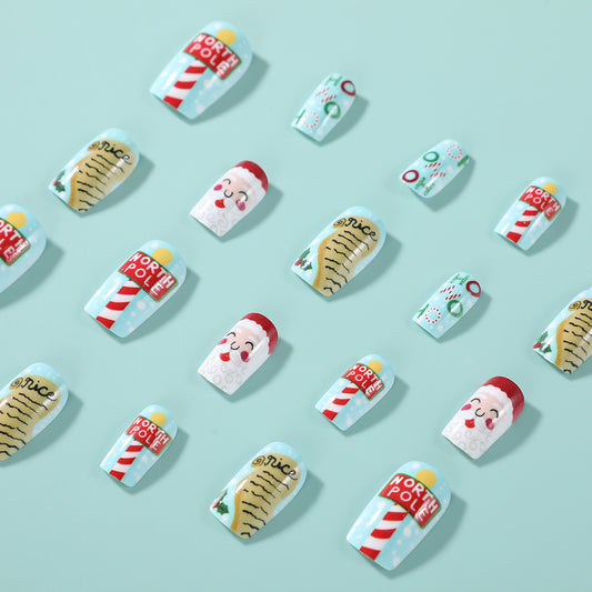 Winter Wonderland Chic Short Square Light Blue Festive Nail Set with Whimsical Holiday Designs