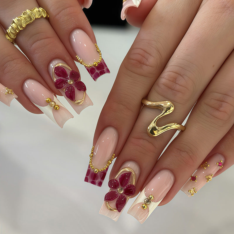 Whimsical Elegance Long Square Pink with Floral Accents and Glittering Gems Press On Nail Set