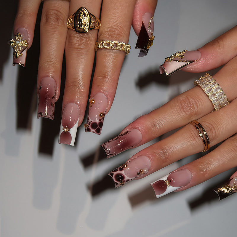 Elegant Autumn Vibes Long Square Ombre Brown and White Press On Nail Set with Unique Gold Accents