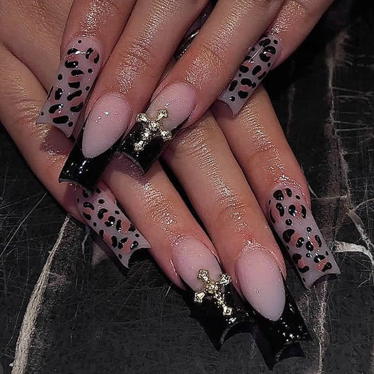Glamorous Wild Side Long Coffin Leopard Print and Black with Gold Accent Press-On Nail Set