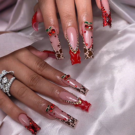 Cherry Blossom Elegance Long Square Red and Beige with Rhinestone Accents and Animal Print Design Press On Nail Set