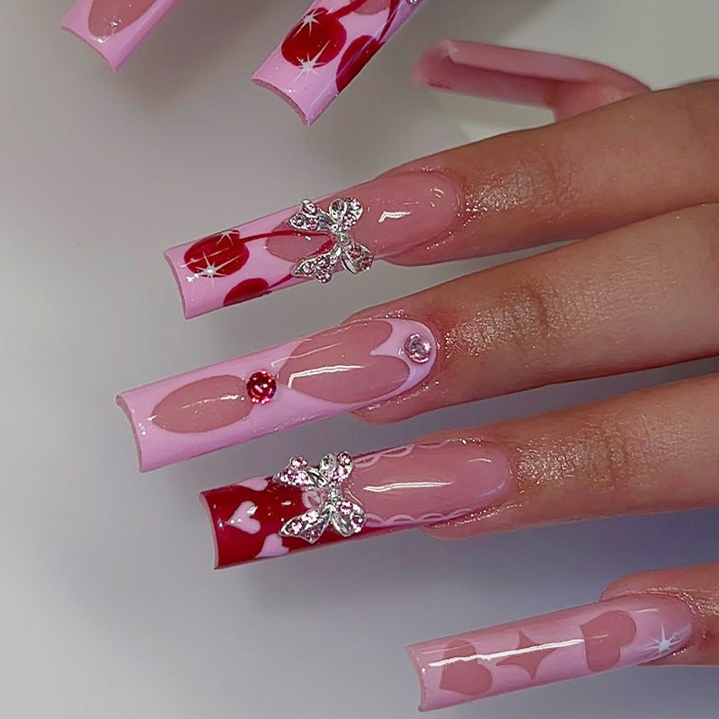 Romantic Blossom Long Square Pink Glossy Nails with Sparkling Embellishments