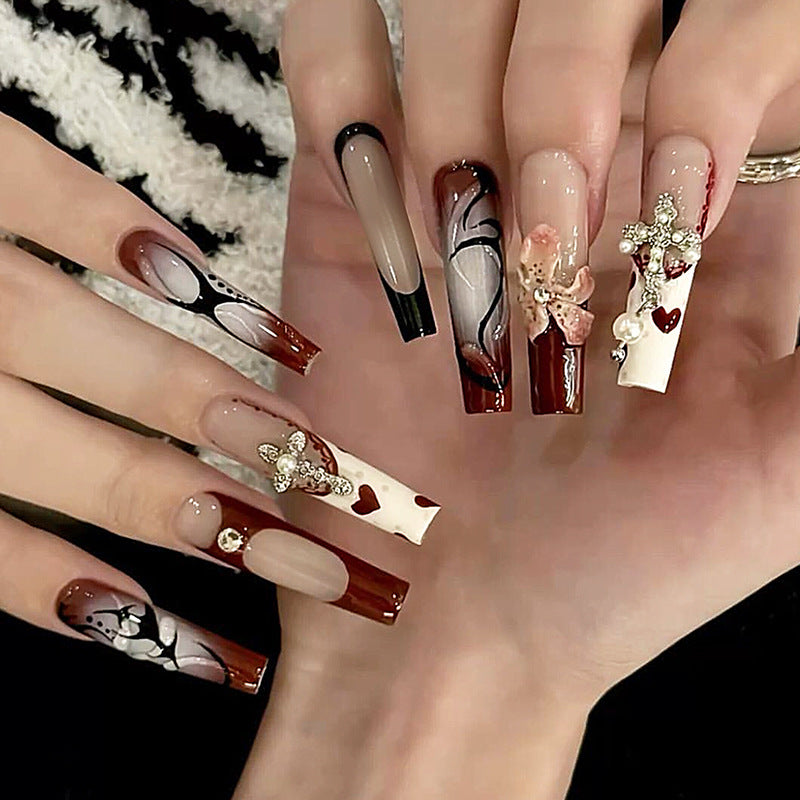 Romantic Elegance Long Square Burgundy and Cream with Floral and Gemstone Accents Press On Nail Set