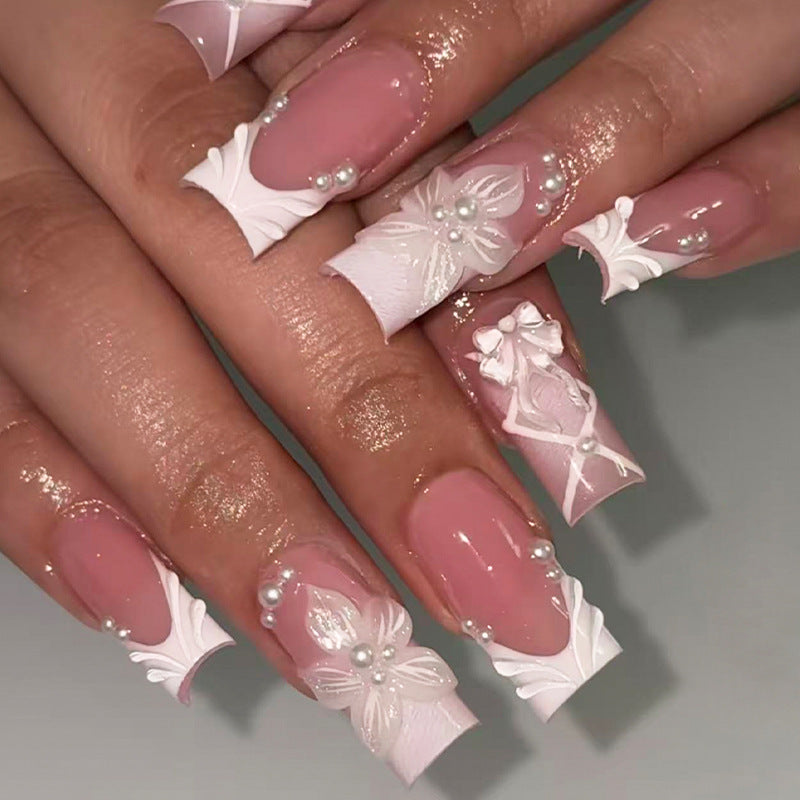 Elegant Garden Press-On Nail Set Long Square Pink with Exquisite Floral Design and Pearl Accents