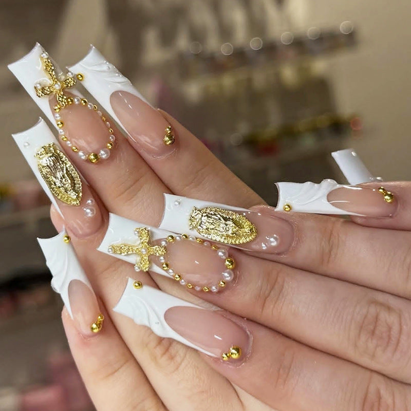 Celestial Elegance Long Square Shaped White and Gold Press-On Nail Set with Unique Cross and Gemstone Accents