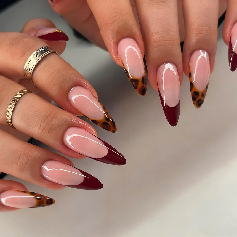 Wild Elegance Long Almond Burgundy and Leopard Print Tip Press On Nail Set