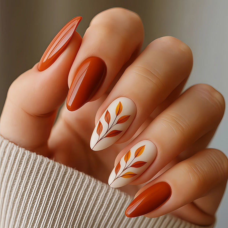 Autumn Elegance Long Almond Rust and Cream Design with Leaf Accents Press On Nail Set