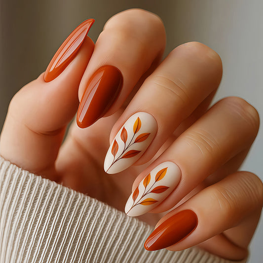 Autumn Elegance Long Almond Rust and Cream Design with Leaf Accents Press On Nail Set
