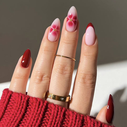 Charming Floral Fantasy Long Almond Red and Pink Ombre Press on Nail Set with Elegant Gold Accents
